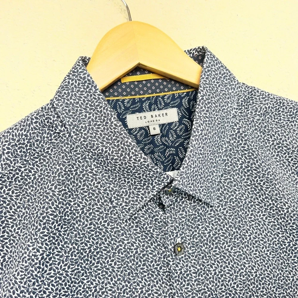 Ted Baker London‎ Mens Button-Up Shirt Blue White Classic Micro Leaf Print 6/2XL